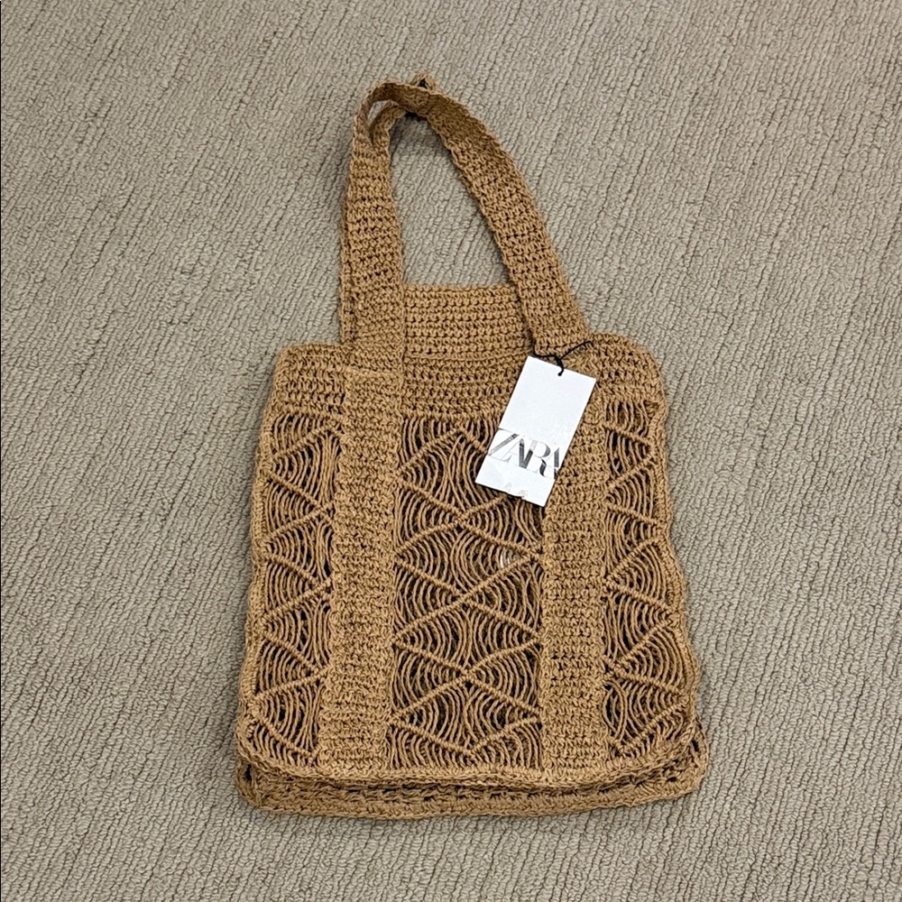 Zara Tan Woven Tote Bag